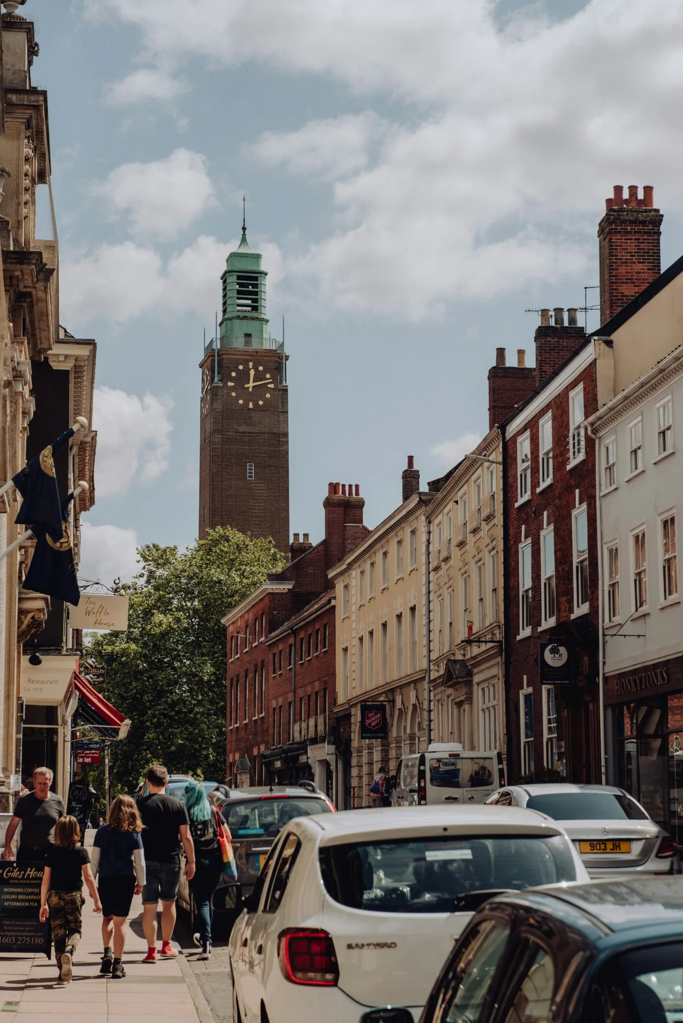 Norwich city centre with City Hall rising above the surrounding streets