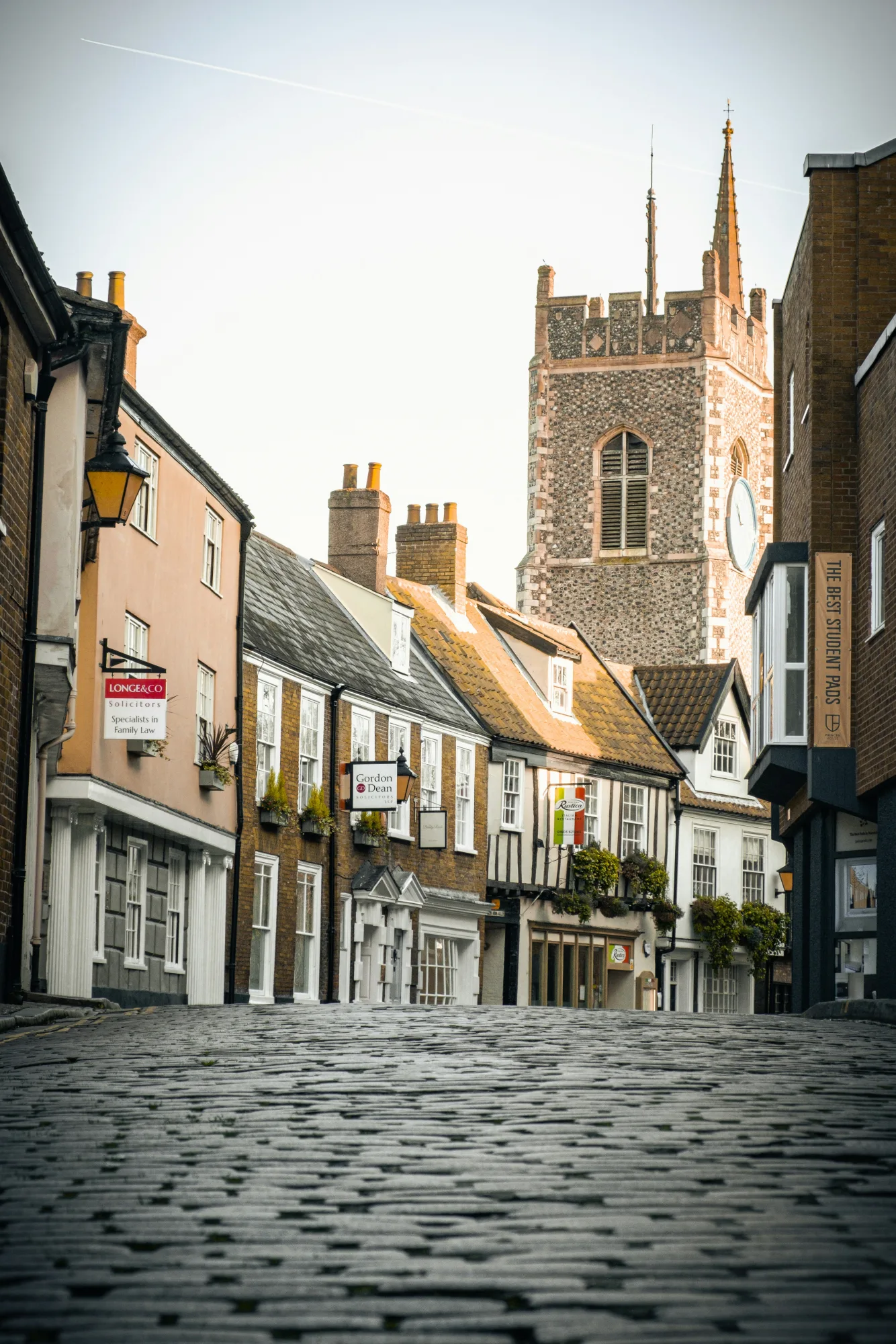 Historic Elm Hill street and church in Norwich